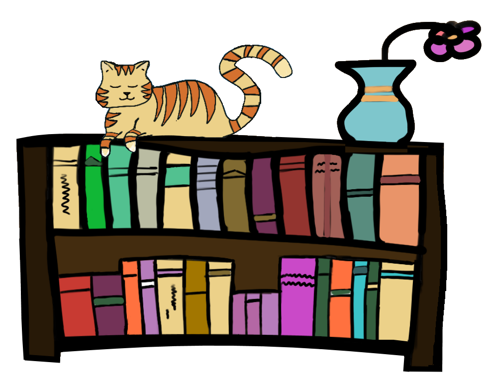 A cat named Milo sleeping on top of a brown, wooden bookcase